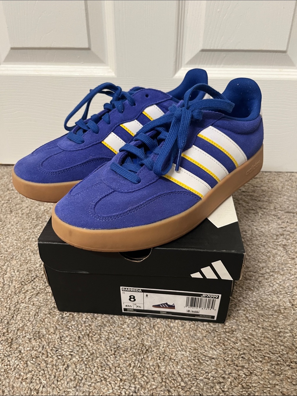adidas Menâs Royal Blue Suede Sneakers with White and Yellow Stripes